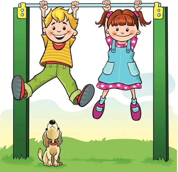 Vector illustration of Boy and Girl Swinging from Monkey Bar