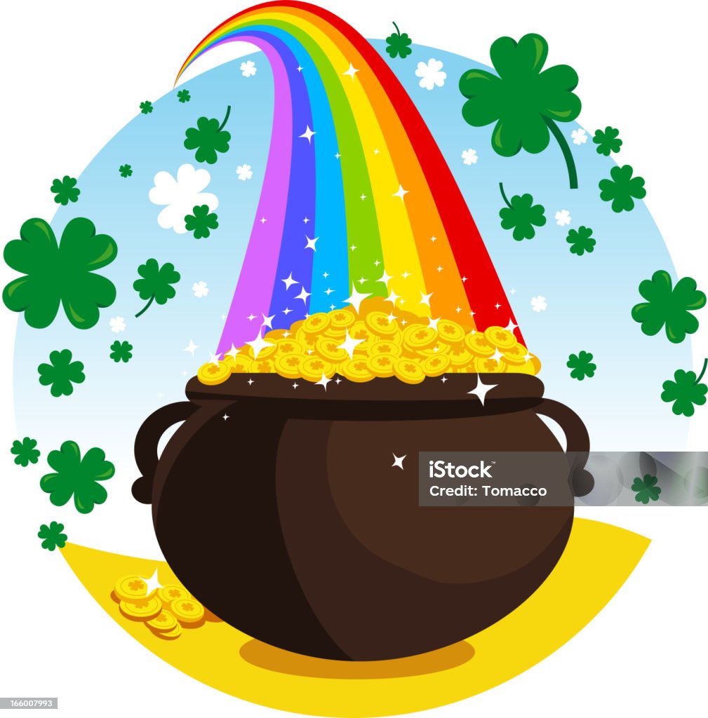 Leprechaun Golden Pot Leprechaun Golden Pot, with colourful rainbow and clover, green and white shamrocks in different sizes. Rainbow stock vector