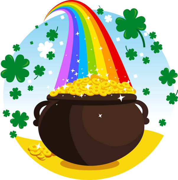 Leprechaun Golden Pot Leprechaun Golden Pot, with colourful rainbow and clover, green and white shamrocks in different sizes. buckle cartoon stock illustrations