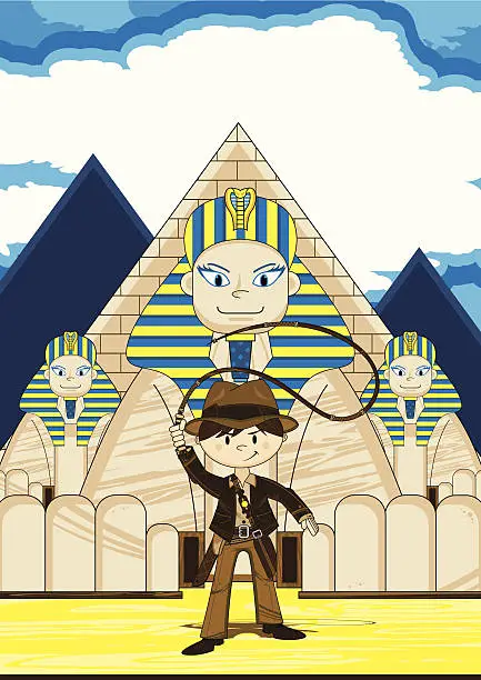 Vector illustration of Cartoon Explorer and Egyptian Sphinx Scene