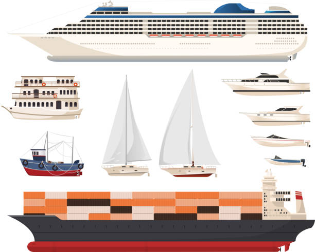 Ship Set Ten different ships and boat in different shapes and sizes, like vessel, bark, yacht, steamboat, craft, watercraft, lifeboat, speedboat, catamaran, gondola, ferryboat, barque, cruise ship, rowboat, rowing boat, motorboat, longboat, canal boat vector illustration. ferry passenger stock illustrations