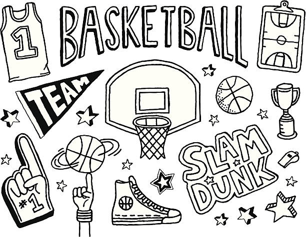 basketball und kritzeleien - basketball slam dunk basketball hoop sport stock-grafiken, -clipart, -cartoons und -symbole