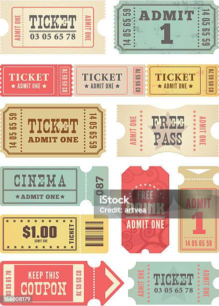 Коллекция Ретро Билеты — стоковая векторная графика и другие изображения на тему Билет в кино - Билет в кино, Векторная графика, Admit one - английское словосочетание