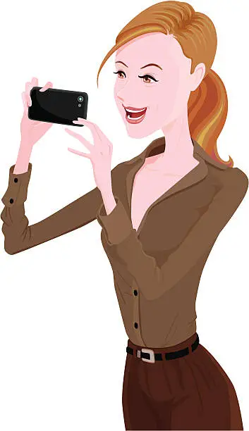 Vector illustration of Cheerful lady using smartphone