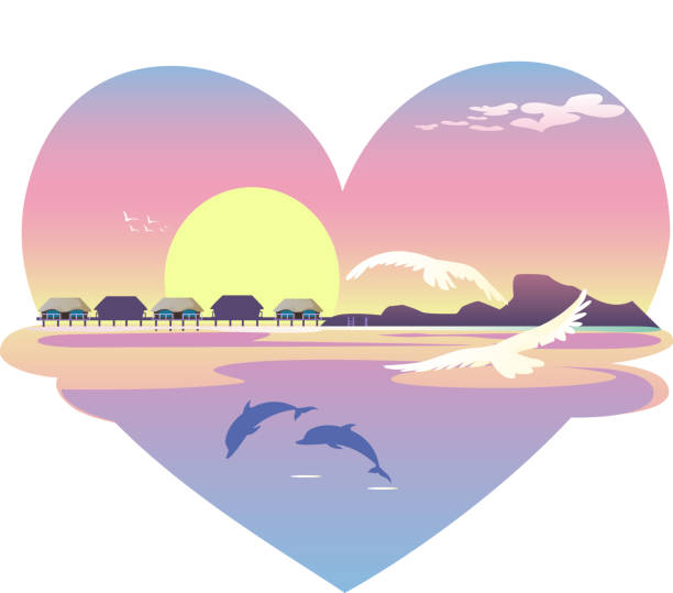 심장 비치 리조트 - valentine holiday beach sunrise beach resort wedding stock illustrations