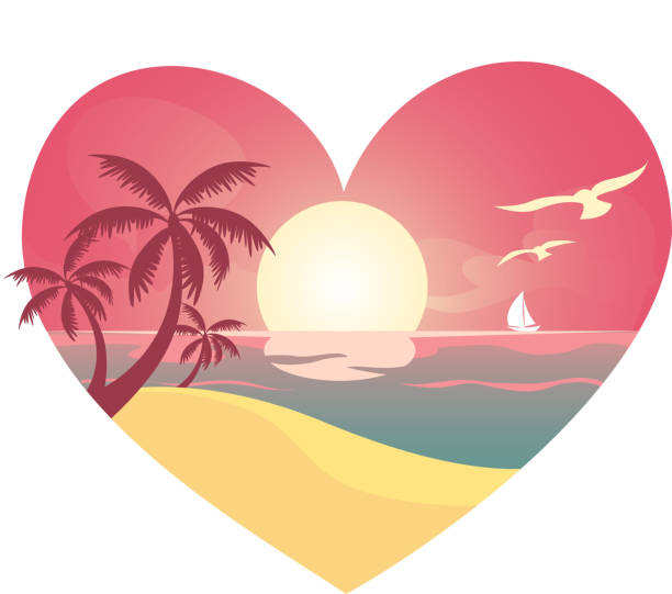심장 비치뷰 - valentine holiday beach sunrise beach resort wedding stock illustrations