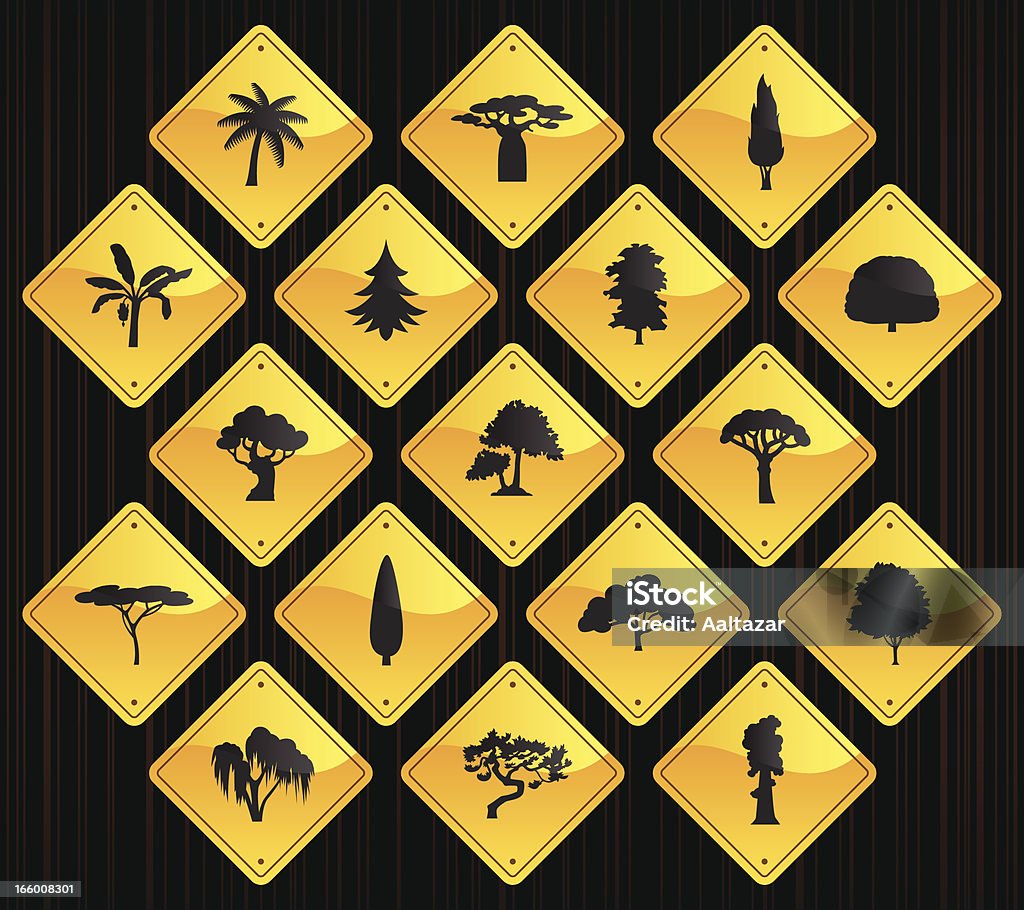 Yellow Road Signs - Trees 17 road sign icons representing different trees. Acacia Tree stock vector