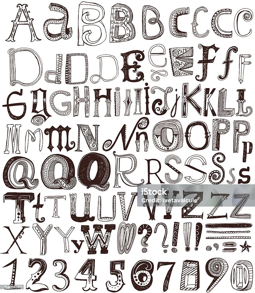 Dibujados a mano alfabeto letras y números - arte vectorial de Letra O libre de derechos