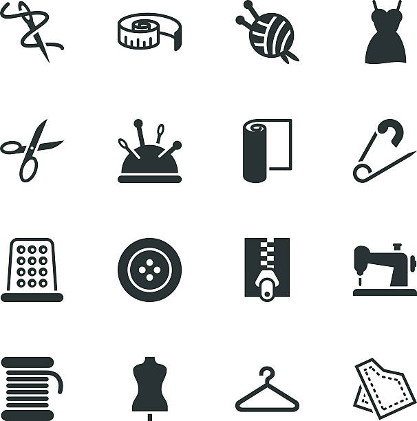 nähen silhouette icons - sewing item thread scissors sewing stock-grafiken, -clipart, -cartoons und -symbole