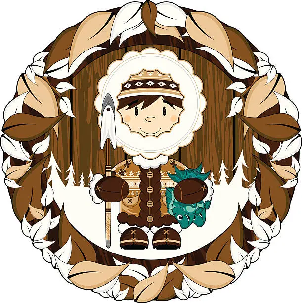 Vector illustration of Cute Inuit Fisherman Boy with FIsh