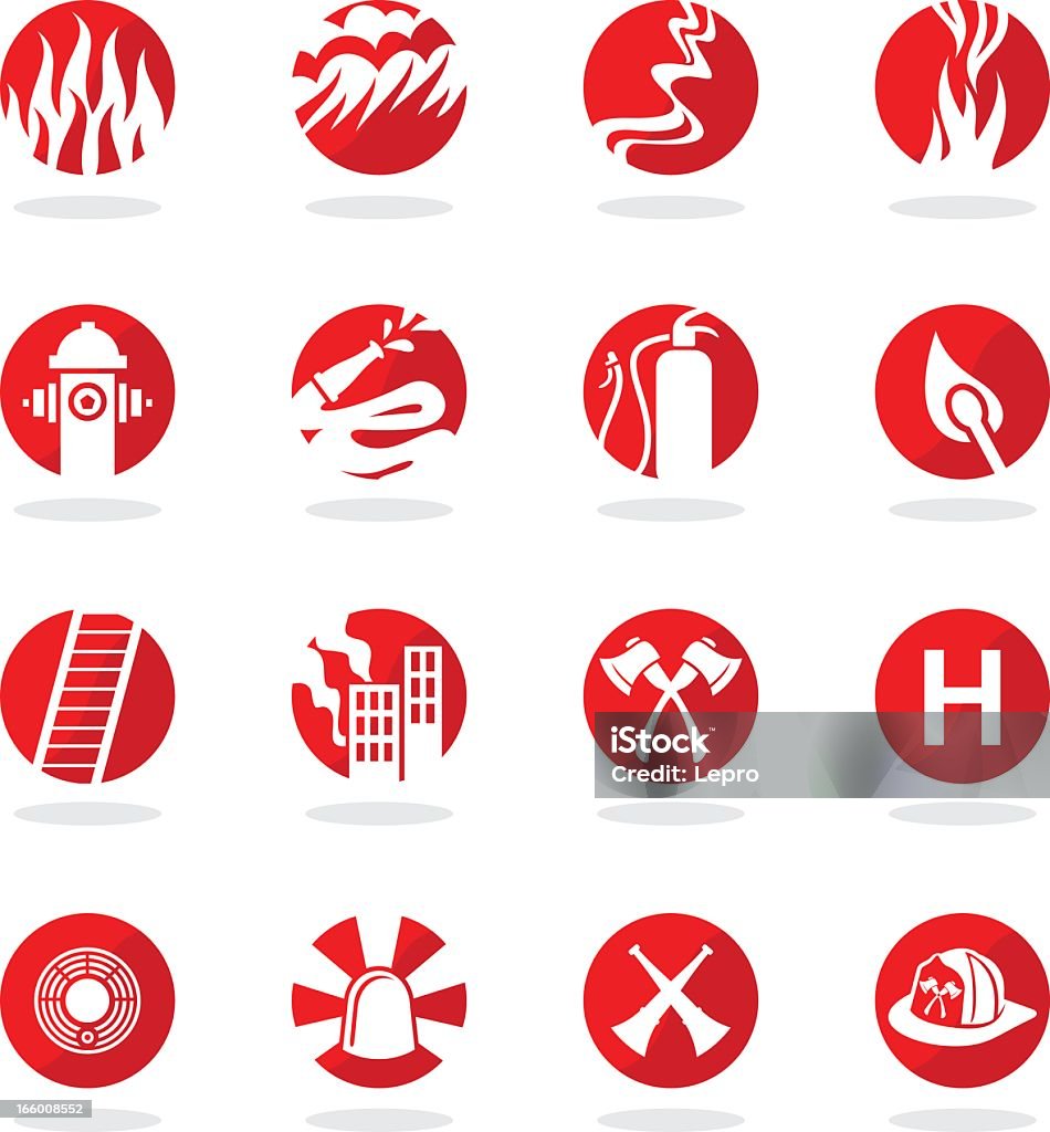 Set of 16 illustrated firefighter icons Set icons of firefighter. Fire Alarm stock vector