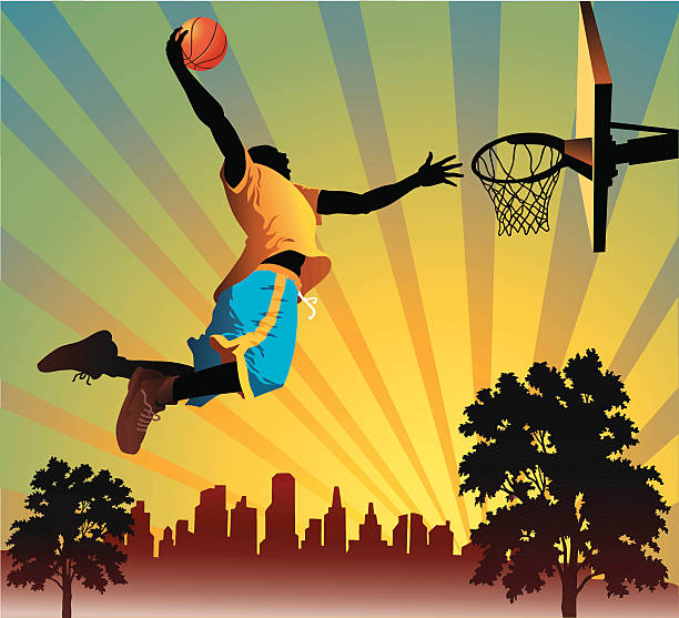 Illustration of a man performing a slam dunk A high jumping player about to slam the basketball through the basketball hoop. silhouette of basketball player slam dunk stock illustrations