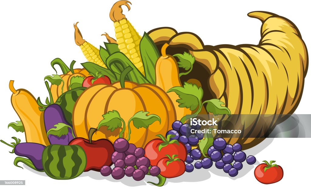 Cuerno de la abundancia con calabaza uvas maíz de berenjenas y tomate - arte vectorial de Cornucopia libre de derechos