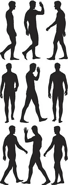 Vector illustration of Multiple silhouette of a man walking and waving hand