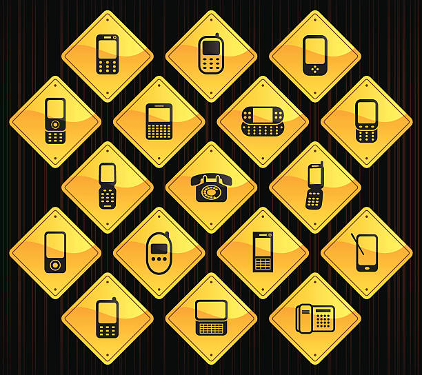 Yellow Road Signs - Phones 17 road sign icons representing different phones. satellite phone stock illustrations