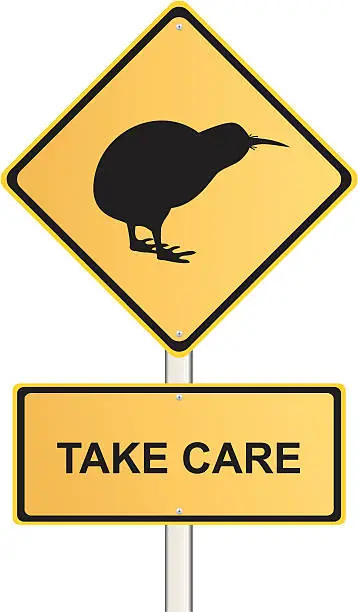 Vector illustration of Take Care Kiwi Road Sign