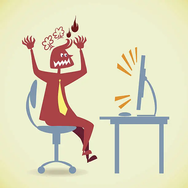 Vector illustration of Man using computer in anger