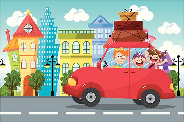 Family car travel A Happy Family travel,three people in car. family vacation car stock illustrations