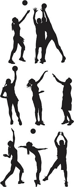 несколько изображения мужчин и женщин, играть в волейбол - volleyball sport volleying silhouette stock illustrations