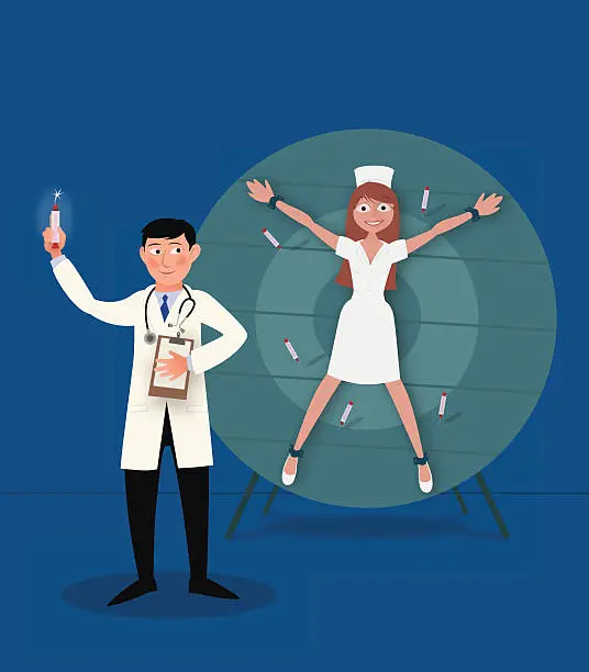 Vector illustration of Doctor Throwing Syringes