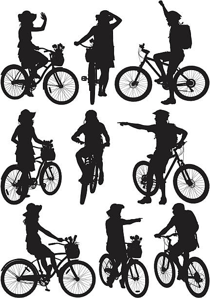 illustrazioni stock, clip art, cartoni animati e icone di tendenza di più immagini di uomini e donne con bicicletta - woman with arms raised back view