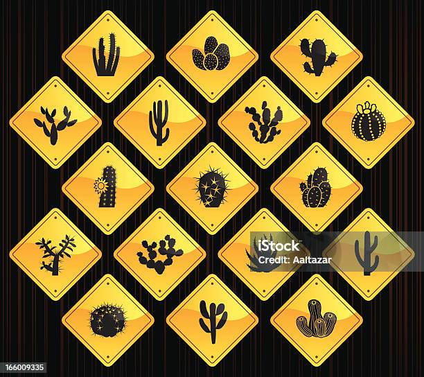 노란색 도로 표지판을캐터스 Cacti 0명에 대한 스톡 벡터 아트 및 기타 이미지 - 0명, 가시, 가시덤불