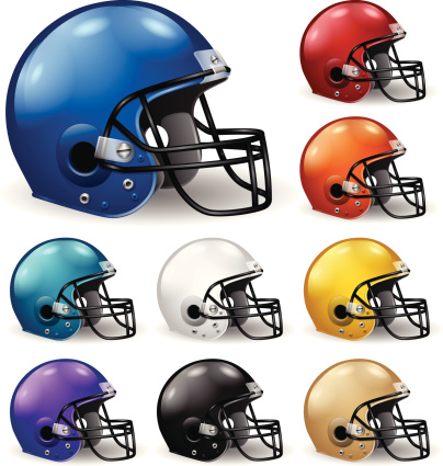 Detailed football helmets in various colors. EPS 10 file. Transparency used on highlight elements.