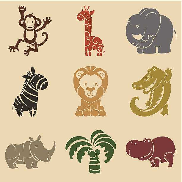 Cute animals set Set of cute animals and palm tree. Cutting plotter ready. ape illustrations stock illustrations