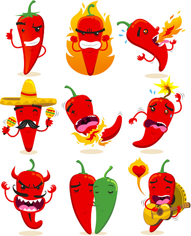 Nine different chilis in different situations like making O.K. sign, or mad, spitting fire, with mexican hat, up to explode, devil chili, chilis in love or mariachi chili vector illustrations.