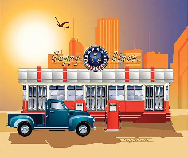 Vector illustration of A drawing of an old-fashioned diner with a gas station