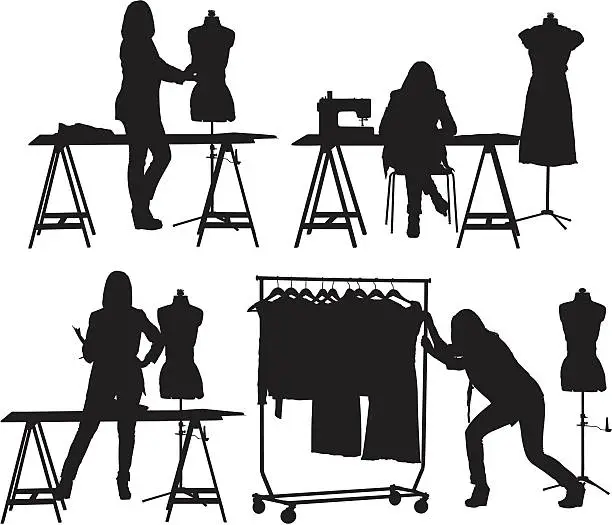 Vector illustration of Multiple images of  a fashion designer at studio