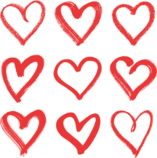 Nine hand drawn red hearts with different thicknesses Hearts, brush stroke, set of different variations. brush stroke heart stock illustrations