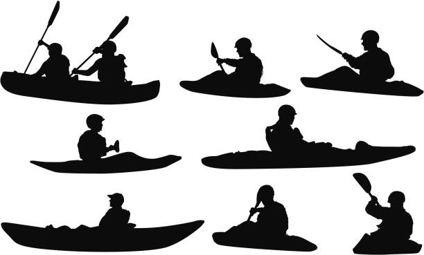 여러 실루엣 사람들이 카누 - rafting silhouette river clip art stock illustrations