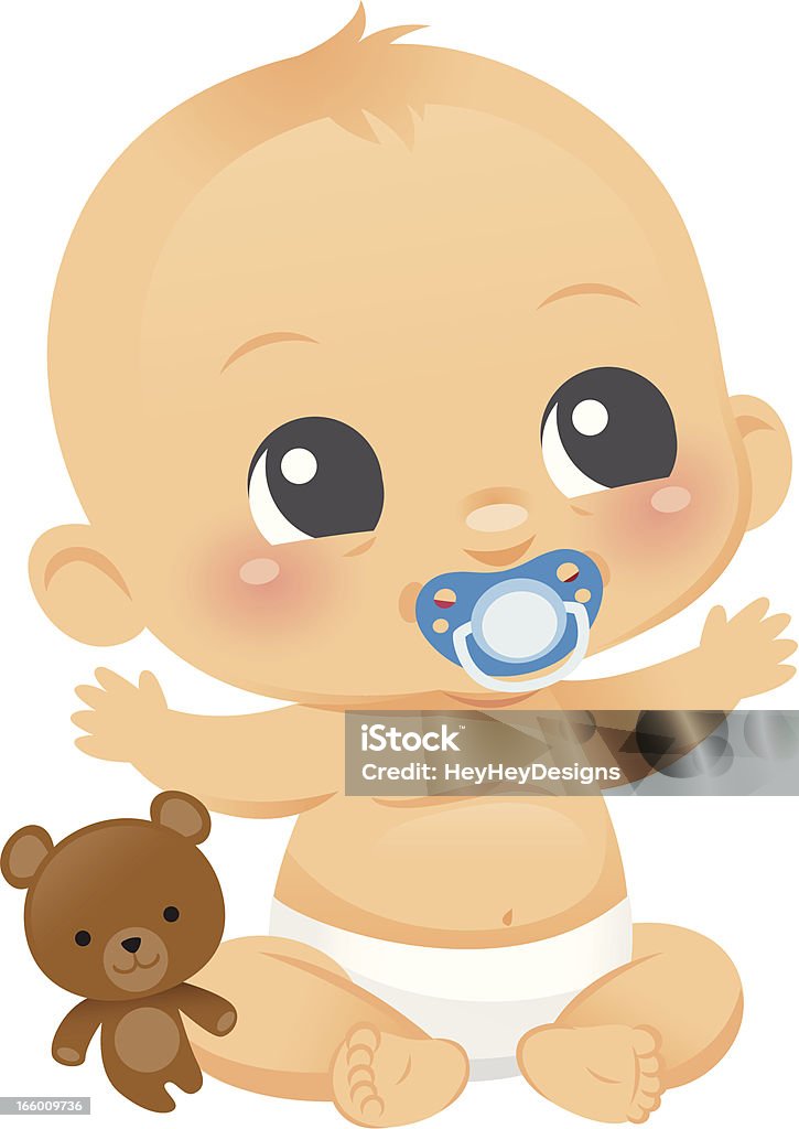 Cute Baby Boy An adorable Baby boy with a teddy bear and a pinkie. Binky is on a separate layer and can be removed-the baby is smiling underneath. Teddy bear can also be removed and used separately.  Baby - Human Age stock vector