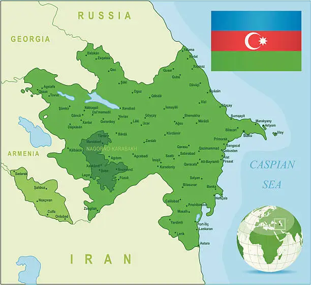 Vector illustration of Green Map of Azerbaijan - states, cities and flag
