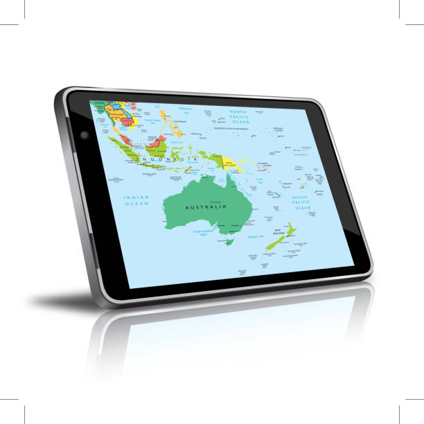 호주 및 오세아니아 맵을 디지탈 태블릿 - white background kiribati smart phone digital display stock illustrations
