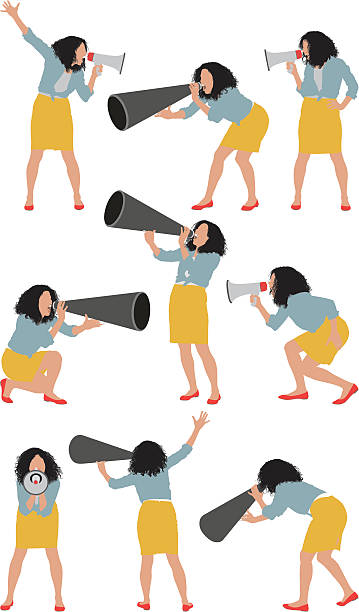 illustrazioni stock, clip art, cartoni animati e icone di tendenza di donna urlando in un megafono - woman with arms raised back view