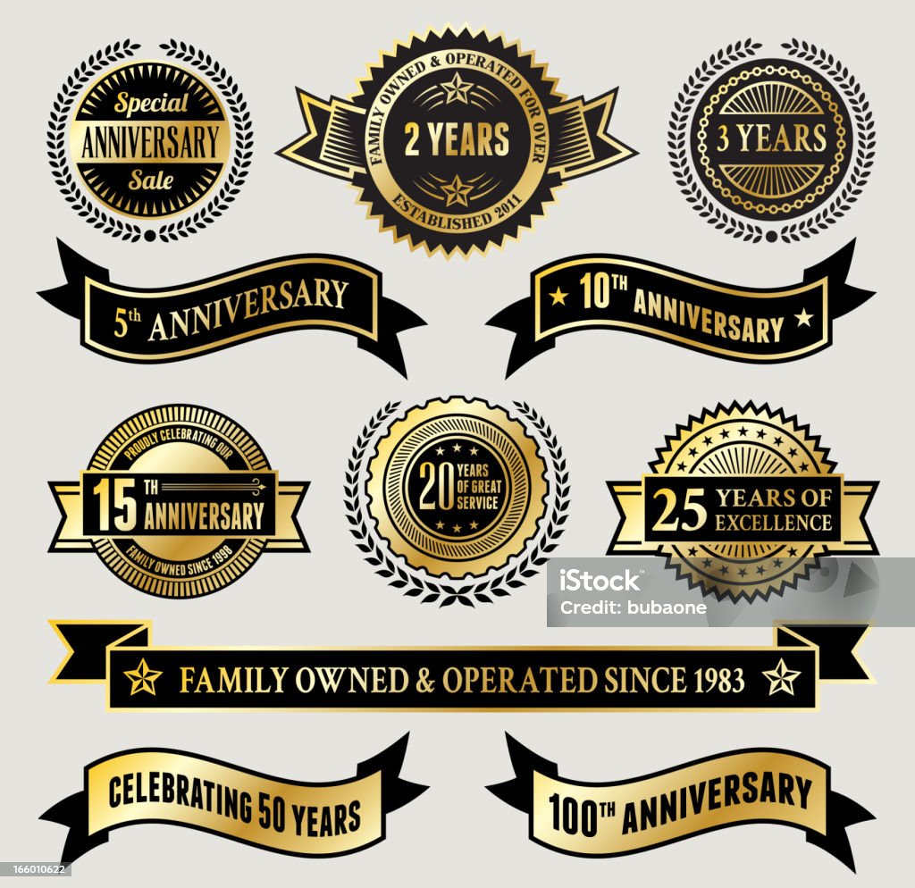 Golden Anniversary Badge Collection Golden Anniversary Badge Collection. Anniversary Badges royalty free vector graphic. This illustration features golden anniversary badges on white background. The designs commemorate important anniversary dates. Such as five, ten, twenty five, and fifty year anniversary. Image download includes vector graphic and jpg file. 50th Anniversary stock vector