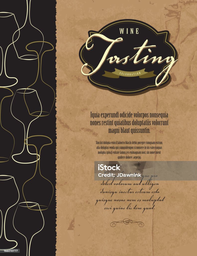 Wine tasting invitation or menu design template Vector illustration of a stylized wine themed design template. For background: wine glass pattern on left and paper bag texture on right. Retro vintage label reads 'Wine Tasting celebration'. Placeholder text below. See my portfolio for similar templates. Menu stock vector