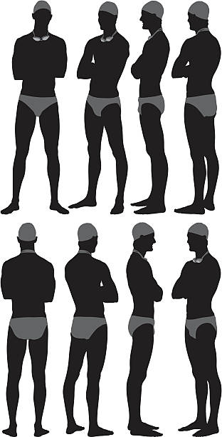 ilustrações de stock, clip art, desenhos animados e ícones de silhueta de um homem natação posando - swimming male isolated swimming goggles