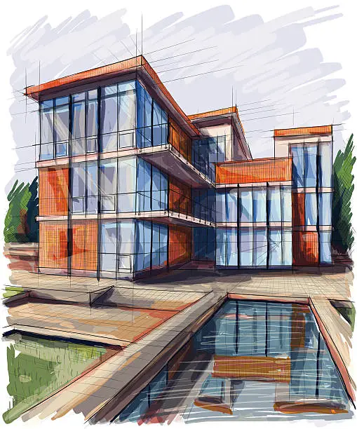 Vector illustration of Concept drawing of a three story building with water pool