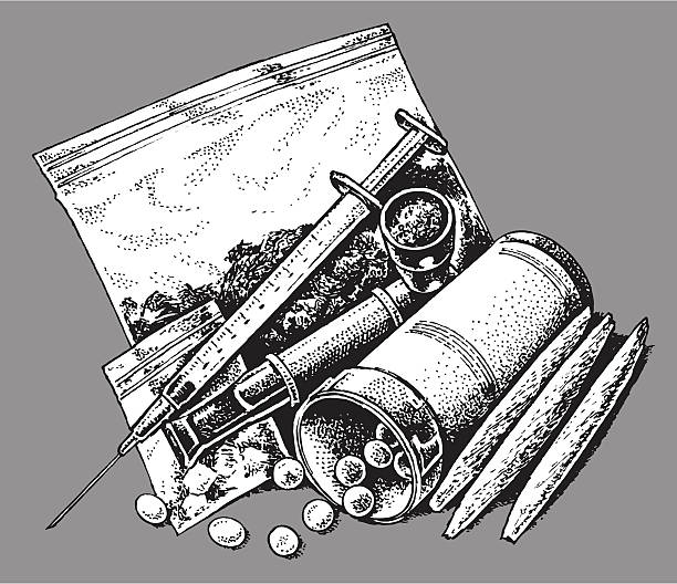 Drugs - Prescription, Recreational, Addictive Pen and ink style illustration of drugs. Marijuana, prescription, crack, heroin. Check out my "Medical and Health Vector" light box for more. cocaine stock illustrations