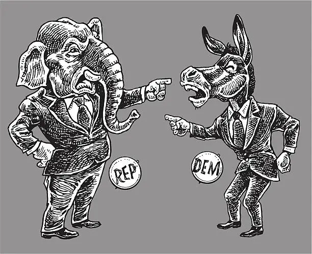 Vector illustration of Politics - Republicans and Democrats Pointing Finger Cartoon