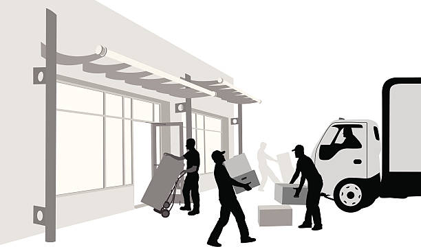 movinginandout - moving office relocation box hand truck stock illustrations