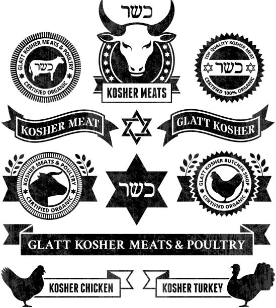 Organic Kosher Meat and Poultry black & white icon set Organic Kosher Meat and Poultry Black & White icon set kosher symbol stock illustrations