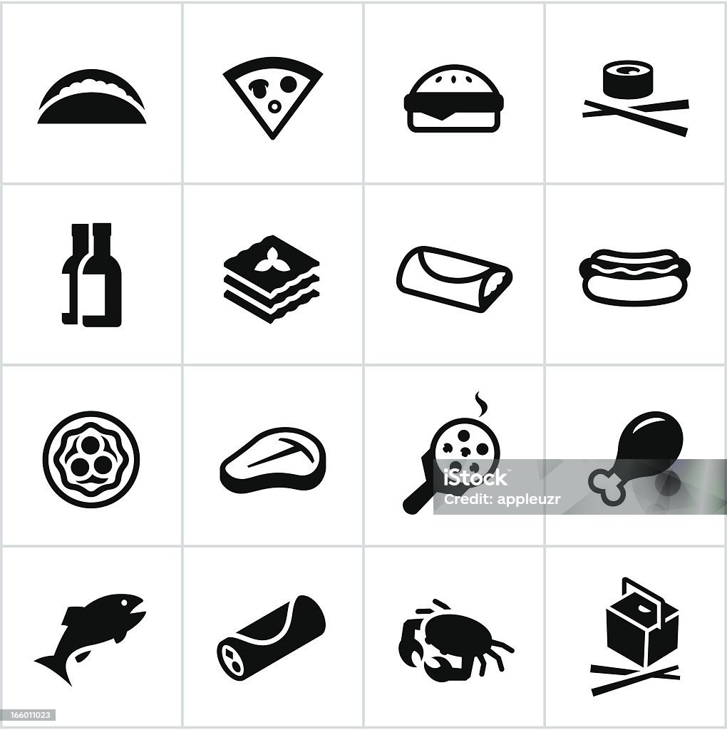 Black Ethnic Food Icons Foods from around the world. All white strokes/shapes are cut from the icons and merged allowing the background to show through. Ethnicity stock vector