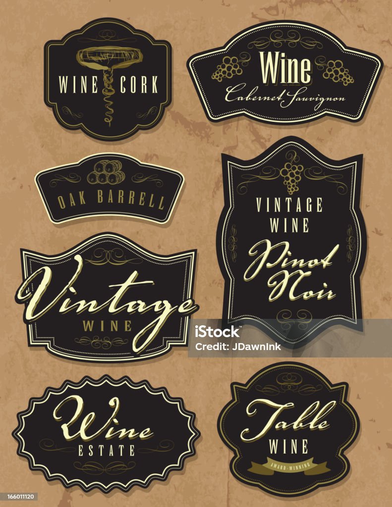 Assortimento di vintage etichette delle bottiglie di vino su sfondo di carta - arte vettoriale royalty-free di Vino