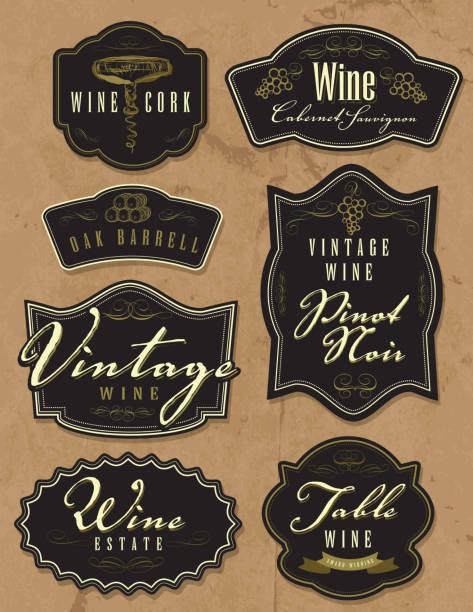 Assorted vintage wine bottle labels on paper background Vector illustration of a set of assorted retro wine bottle labels. Top left labels read: Wine Cork, Wine Cabernet Sauvignon, Oak Barrell, Vintage Wine Pinot Noir, Vintage Wine, Wine Estate and Table Wine Award Winning. Download includes Illustrator 10 eps with transparencies, high resolution jpg and png file. corkscrew stock illustrations