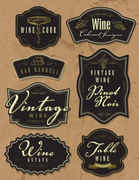 Vector illustration of Assorted vintage wine bottle labels on paper background