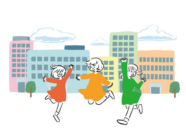 ręcznie rysowana ilustracja pop, ręcznie rysowany budynek ulicy oraz uśmiechnięte i skaczące dziewczyny - cloud community city mid air stock illustrations